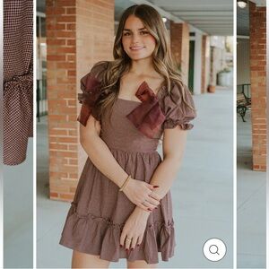 STORIA DARK PLUM/Maroon CHEC PUFF SLEEVE MINI DRESS/size Small